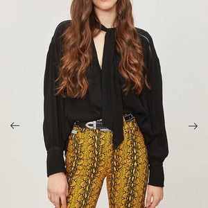 FREE PEOPLE Wishful Moments bow woven blouse black Size XS oversized fit.